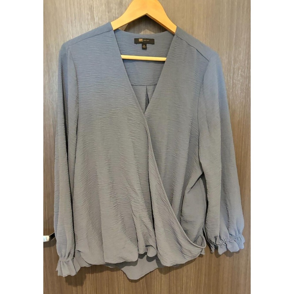 FRYE Blouse Top Women's 1X Surplice Front Pleated Puff Sleeve Wrap blue